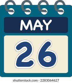 Calendario de iconos planos 26 de mayo. Fecha, día y mes. Ilustración del vector. Banner azul de color verde teal. 26 de mayo. 26 de mayo.