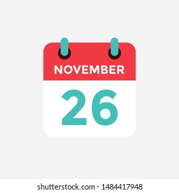 Flat icon calendar 26 November. Date, day and month. Vector illustration.