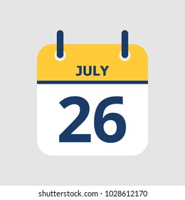 Flat icon calendar 26th of July isolated on gray background. Vector illustration.