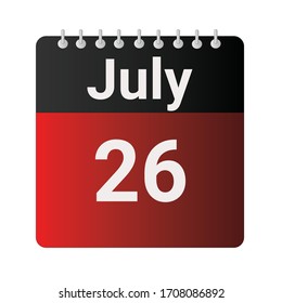 Flat icon calendar 26th of July indicated with red & black. Vector illustration.
