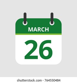 Flat icon calendar 26th of March isolated on gray background. Vector illustration.