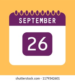 Flat icon calendar 26th of September isolated on orange background. Vector illustration.