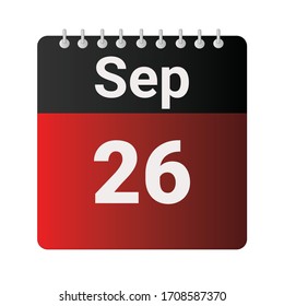 Flat icon calendar 26th of September indicated with red & black. Vector illustration.