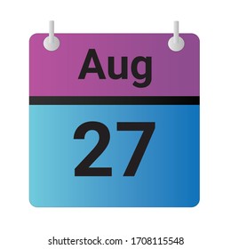 Flaches Icon Kalender 27. August Angezeigt mit violett, blau und schwarz.  Vektorgrafik.