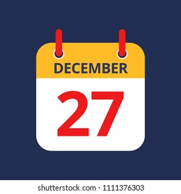 Flat icon calendar 27th of December isolated on blue background. Vector illustration.