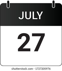 Flat icon calendar 27th of July indicated with white & black. Vector illustration.