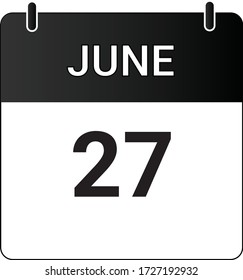 Calendario de iconos planos 27 de junio indicado con blanco y negro. Ilustración vectorial.