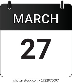 Flat icon calendar 27th of March indicated with white & black. Vector illustration.