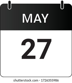 Flat icon calendar 27th of May indicated with white & black. Vector illustration.