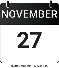 Flat icon calendar 27th of November indicated with white & black. Vector illustration.
