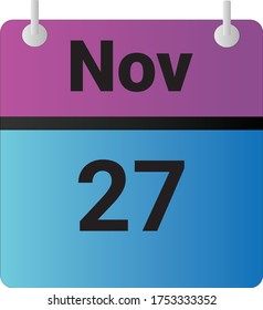 Flat icon calendar 27th of November indicated with purple,blue & black. Vector illustration.