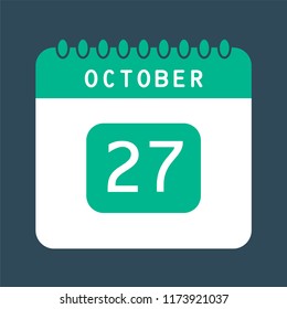 Flat icon calendar 27th of October isolated on blue background. Vector illustration.