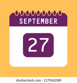 Flat icon calendar 27th of September isolated on orange background. Vector illustration.