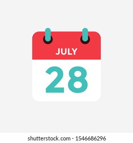 Flat icon calendar 28 of July. Date, day and month. Vector illustration.