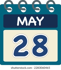 Flat icon calendar 28 of May. Date, day and month. Vector illustration . Blue teal green color banner. 28 May. 28th of May.