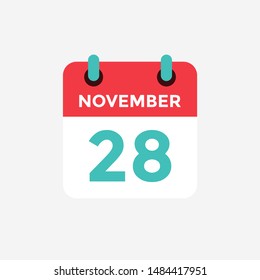 Flat icon calendar 28 November. Date, day and month. Vector illustration.