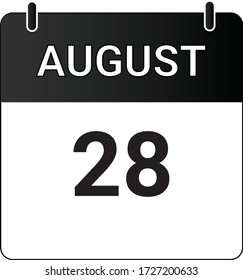 Flat icon calendar 28th of August indicated with white & black. Vector illustration.