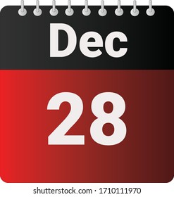 Flat icon calendar 28th of December indicated with red & black. Vector illustration.
