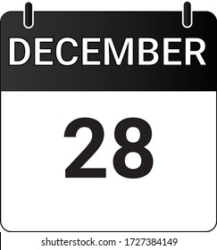 Calendario de icono plano el 28 de diciembre indicado con blanco y negro. Ilustración vectorial.