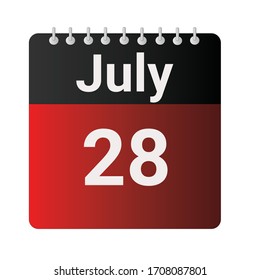Flat icon calendar 28th of July indicated with red & black. Vector illustration.
