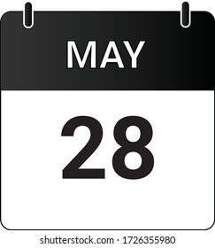 Flat icon calendar 28th of May indicated with white & black. Vector illustration.