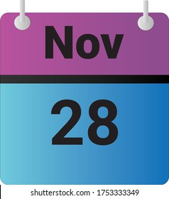 Flat icon calendar 28th of November indicated with purple,blue & black. Vector illustration.
