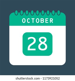 Flat icon calendar 28th of October isolated on blue background. Vector illustration.