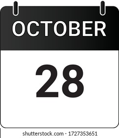 Flat icon calendar 28th of October indicated with white & black. Vector illustration.