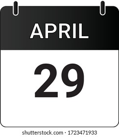 Flat icon calendar 29th of April indicated with white & black. Vector illustration.