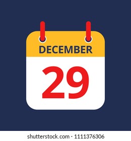 Flat icon calendar 29th of December isolated on blue background. Vector illustration.
