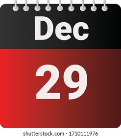 Flat Icon Kalender 29. Dezember mit rot und schwarz angezeigt. Vektorillustration.