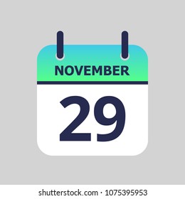 Flat icon calendar 29th of November isolated on gray background. Vector illustration.