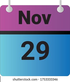 Calendario de icono plano el 29 de noviembre indicado con morado, azul y negro. Ilustración vectorial.