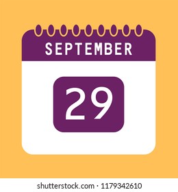 Flat icon calendar 29th of September isolated on orange background. Vector illustration.