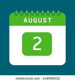 Flat icon calendar 2nd of August isolated on blue background. Vector illustration.