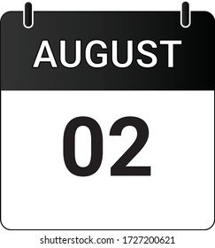 Flat icon calendar 2nd of August indicated with white & black. Vector illustration.