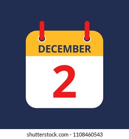 Flat icon calendar 2nd of December isolated on blue background. Vector illustration.