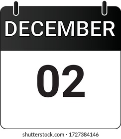 Flat icon calendar 2nd of December indicated with white & black. Vector illustration.