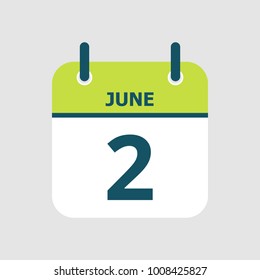 Flat icon calendar 2nd of June isolated on gray background. Vector illustration.