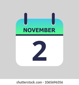 Flat icon calendar 2nd of November isolated on gray background. Vector illustration.