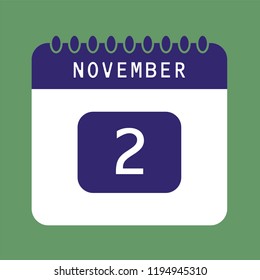 Flat icon calendar 2nd of November isolated on green background. Vector illustration.