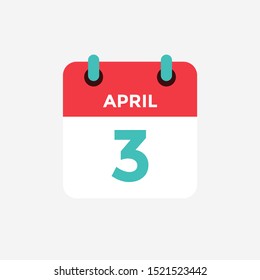 Icono plano calendario 3 de abril. Fecha, día y mes. Ilustración vectorial.