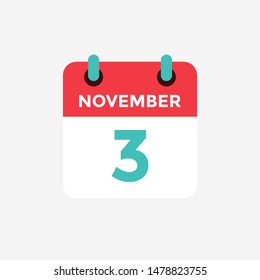 Flat icon calendar 3 November. Date, day and month. Vector illustration.