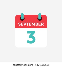 Flat icon calendar, 3 September. Date, day and month. Vector illustration.