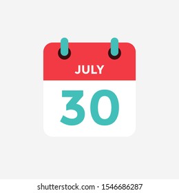 Flat icon calendar 30 of July. Date, day and month. Vector illustration.