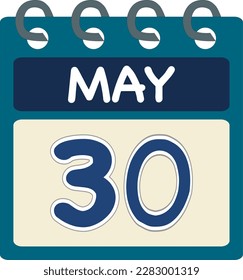 Calendario de iconos planos 30 de mayo. Fecha, día y mes. Ilustración del vector. Banner azul de color verde teal. 30 de mayo. 30 de mayo.