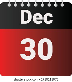 Flat Icon Kalender 30. Dezember mit rot und schwarz angezeigt. Vektorillustration.