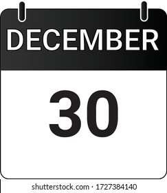 Flat icon calendar 30th of December indicated with white & black. Vector illustration.