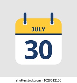 Flat icon calendar 30th of July isolated on gray background. Vector illustration.