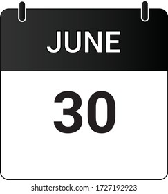 Flat icon calendar 30th of June indicated with white & black. Vector illustration.